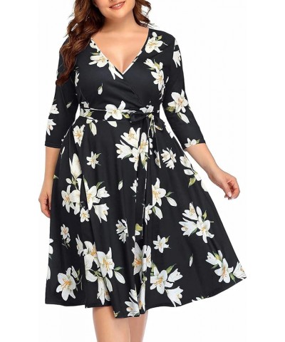 Women's Plus Size Faux Wrap V Neck 3/4 Sleeve Fit and Flare Wedding Guest Casual Party Midi Dress Floral Black $11.76 Dresses