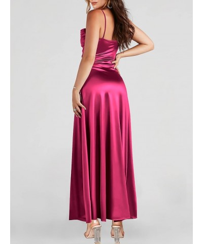 Women Formal Satin Spaghetti Strap Cowl Neck Bodycon Slit Prom Cocktail Maxi Dress Evening Party Fuchsia $31.26 Dresses