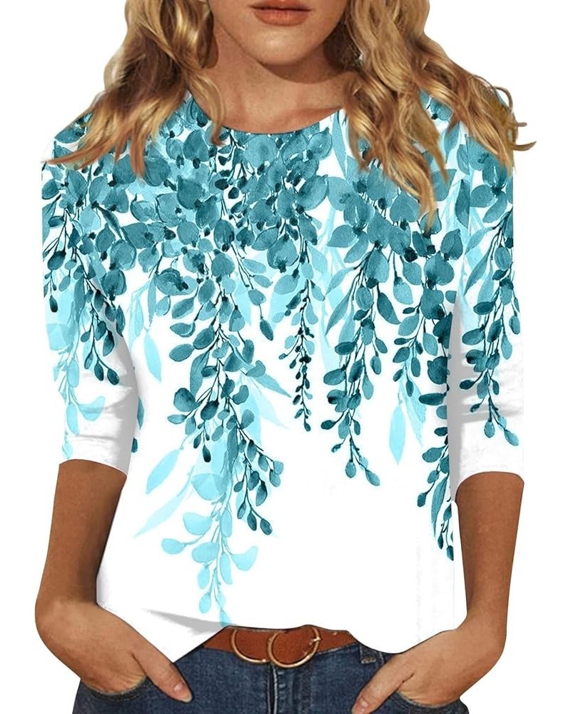 2024 Trendy Vintage Top for Women Casual Three Quarter Sleeve T Shirt Blouse Ethnic Printing Button Loose Top 02-sky Blue $7....