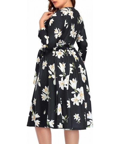 Women's Plus Size Faux Wrap V Neck 3/4 Sleeve Fit and Flare Wedding Guest Casual Party Midi Dress Floral Black $11.76 Dresses