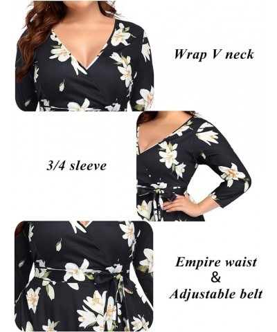 Women's Plus Size Faux Wrap V Neck 3/4 Sleeve Fit and Flare Wedding Guest Casual Party Midi Dress Floral Black $11.76 Dresses