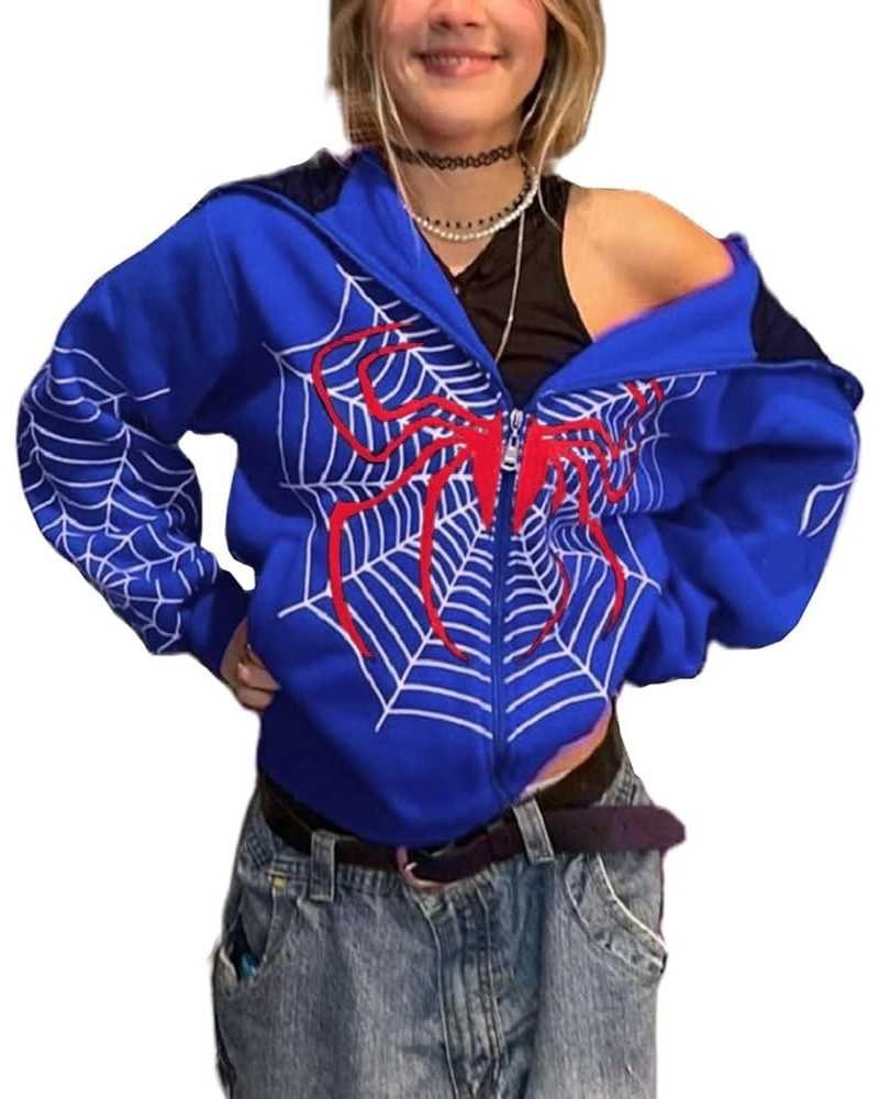 Womens Y2k Zip Up Spider Graphic Hoodie Halloween Rhinestone Oversized Hoodies Vintage Goth Grunge Jacket Streetwear Blue $12...