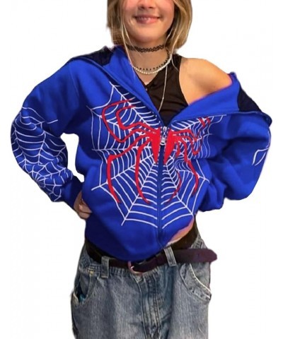 Womens Y2k Zip Up Spider Graphic Hoodie Halloween Rhinestone Oversized Hoodies Vintage Goth Grunge Jacket Streetwear Blue $12...