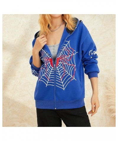 Womens Y2k Zip Up Spider Graphic Hoodie Halloween Rhinestone Oversized Hoodies Vintage Goth Grunge Jacket Streetwear Blue $12...