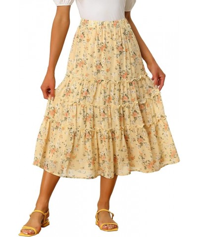 Women's Floral Skirts Chiffon A-line Long Tiered Ruffle Boho Midi Skirt XS-3XL Black B $20.27 Skirts