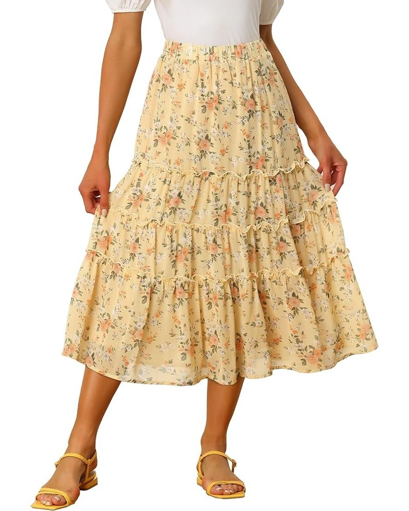 Women's Floral Skirts Chiffon A-line Long Tiered Ruffle Boho Midi Skirt XS-3XL Black B $20.27 Skirts