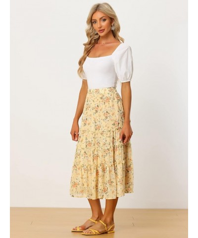 Women's Floral Skirts Chiffon A-line Long Tiered Ruffle Boho Midi Skirt XS-3XL Black B $20.27 Skirts