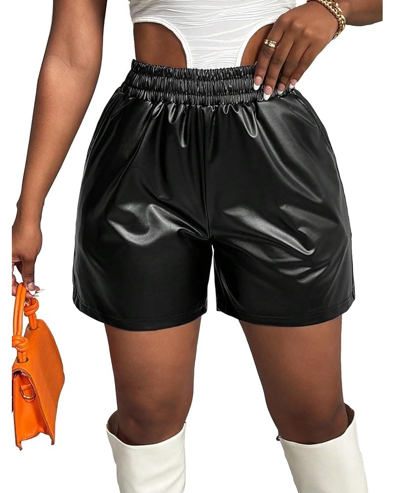 Women's PU Leather Paperbag Elastic Waist Shorts with Pockets Dark Black $10.19 Shorts