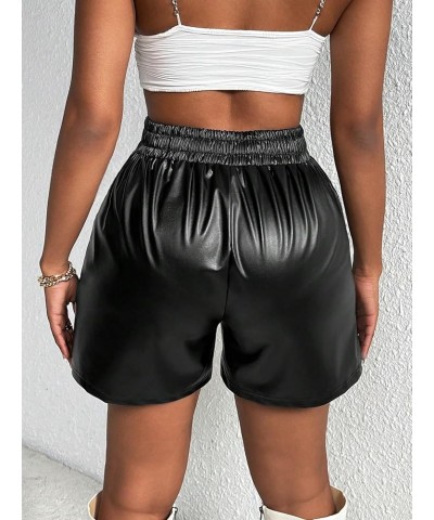 Women's PU Leather Paperbag Elastic Waist Shorts with Pockets Dark Black $10.19 Shorts