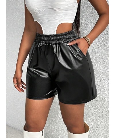 Women's PU Leather Paperbag Elastic Waist Shorts with Pockets Dark Black $10.19 Shorts