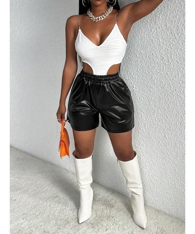 Women's PU Leather Paperbag Elastic Waist Shorts with Pockets Dark Black $10.19 Shorts