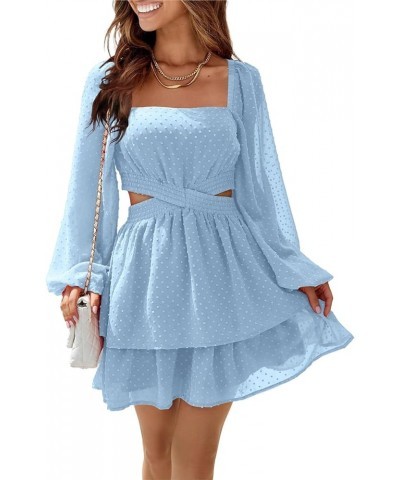 Women's Polka Swiss Dots Square Neck Long Sleeve Chiffon Dresses Crossover Elastic Waist Ruffle A-line Mini Dress Sky Blue $1...