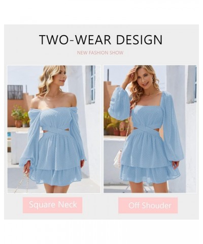 Women's Polka Swiss Dots Square Neck Long Sleeve Chiffon Dresses Crossover Elastic Waist Ruffle A-line Mini Dress Sky Blue $1...