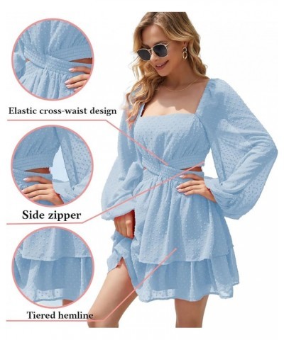 Women's Polka Swiss Dots Square Neck Long Sleeve Chiffon Dresses Crossover Elastic Waist Ruffle A-line Mini Dress Sky Blue $1...