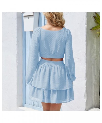 Women's Polka Swiss Dots Square Neck Long Sleeve Chiffon Dresses Crossover Elastic Waist Ruffle A-line Mini Dress Sky Blue $1...