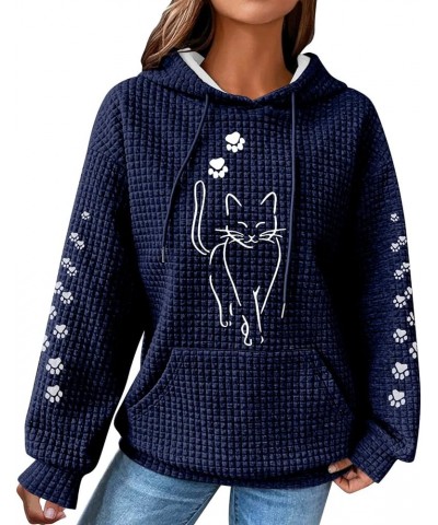 Waffle Knit Hoodies for Women Cute Cat Print Long Sleeve Drawstring Sweatshirt Trendy Loose Fall Pullover Tops with Pocket 2b...