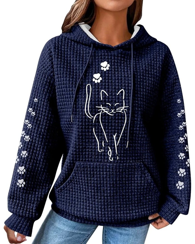 Waffle Knit Hoodies for Women Cute Cat Print Long Sleeve Drawstring Sweatshirt Trendy Loose Fall Pullover Tops with Pocket 2b...