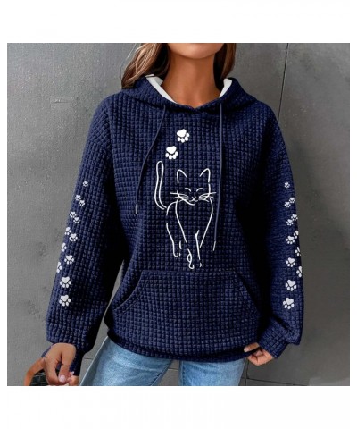 Waffle Knit Hoodies for Women Cute Cat Print Long Sleeve Drawstring Sweatshirt Trendy Loose Fall Pullover Tops with Pocket 2b...