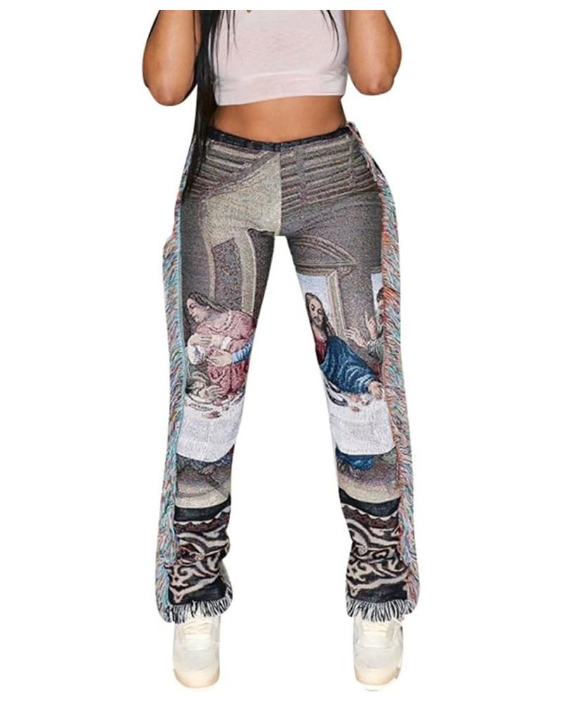 Women's Hippie Tassel Pattern Printing Elastic Pants Folk Style Pants Party Music Festival Wear Characters $25.79 Leggings