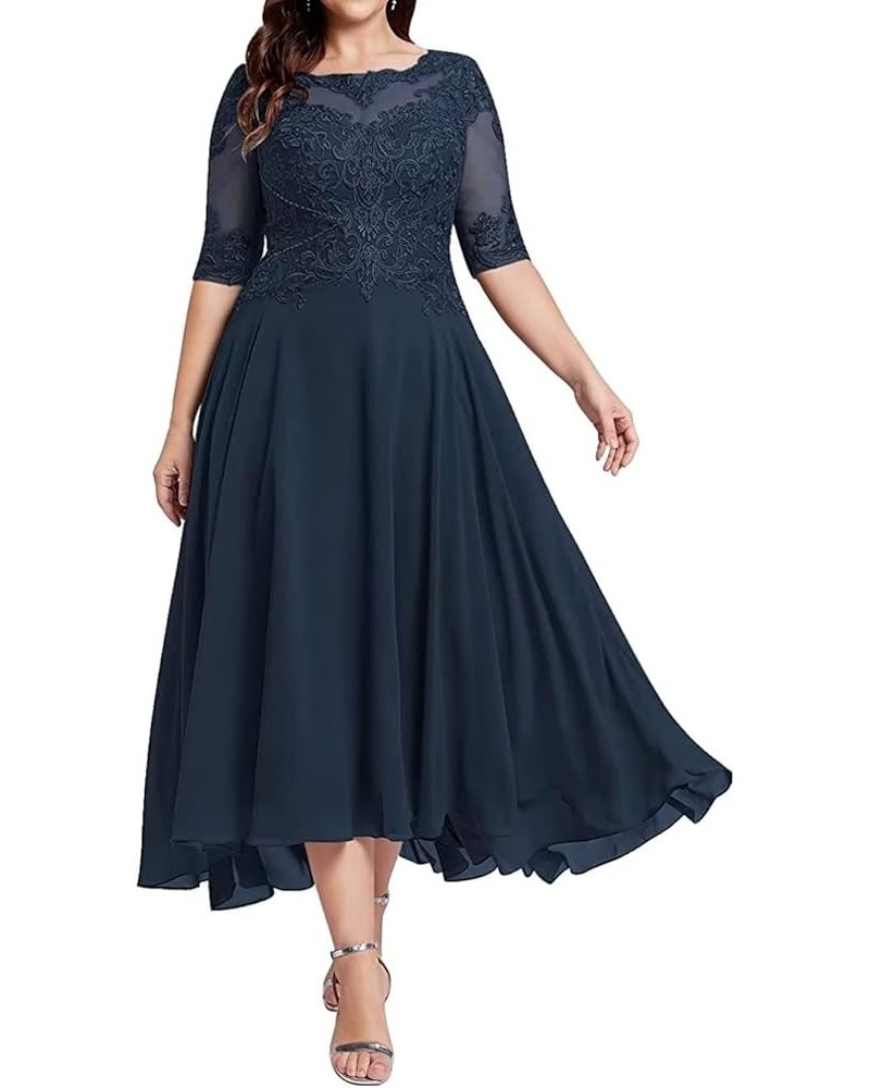 Plus Size Mother of The Bride Dress for Wedding Tea Length 3/4 Sleeve Lace Appliques Chiffon Large Evening Party Gown Navy Bl...