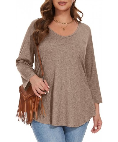 Womens Plus Size Tunic Tops 3/4 Sleeve V Neck T Shirts Basic Tee Loose Blouses with Pocket D-khaki $10.00 Tops