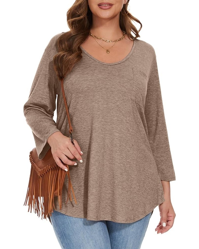 Womens Plus Size Tunic Tops 3/4 Sleeve V Neck T Shirts Basic Tee Loose Blouses with Pocket D-khaki $10.00 Tops