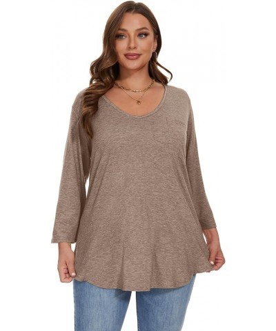 Womens Plus Size Tunic Tops 3/4 Sleeve V Neck T Shirts Basic Tee Loose Blouses with Pocket D-khaki $10.00 Tops