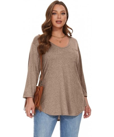 Womens Plus Size Tunic Tops 3/4 Sleeve V Neck T Shirts Basic Tee Loose Blouses with Pocket D-khaki $10.00 Tops