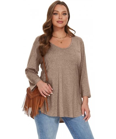 Womens Plus Size Tunic Tops 3/4 Sleeve V Neck T Shirts Basic Tee Loose Blouses with Pocket D-khaki $10.00 Tops