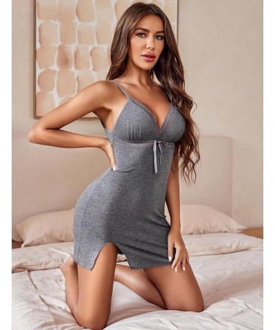 Women Slip Lingerie Lace Chemise Babydoll Nightgown V-Neck Full Slip Dress Dark Gray $7.83 Sleep & Lounge