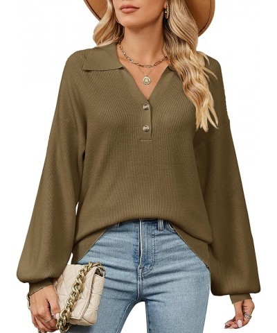 Women's Fall V Neck Collar Button Polo Sweater Long Lantern Sleeve Drop Shoulder Loose Knitted Pullover Top S-XL Khaki $12.00...