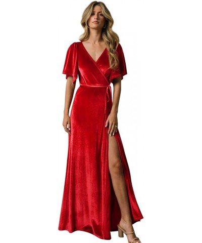 Women's Velvet Bridesmaid Dresses with Sleeves Long Side Slit V Neck Formal Gown Evening Dress Red $29.90 Dresses