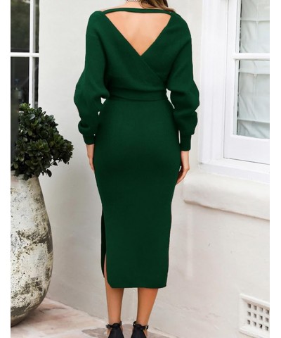 Women's Sexy Cocktail Batwing Long Sleeve Backless Mock Wrap Knit Sweater Mini Dress Z-dark Green $22.90 Sweaters