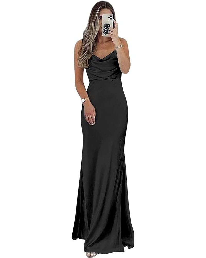 Satin Bridesmaid Dresses Long for Wedding Cowl Neck Strapless Prom Dresses for Women with Slit Black $27.30 Dresses