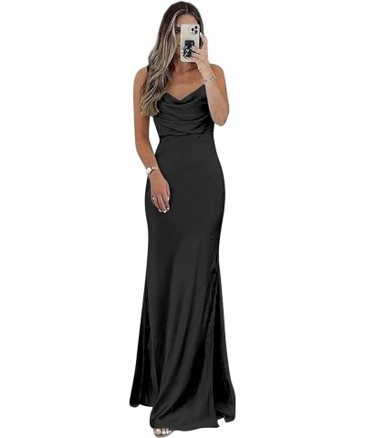 Satin Bridesmaid Dresses Long for Wedding Cowl Neck Strapless Prom Dresses for Women with Slit Black $27.30 Dresses