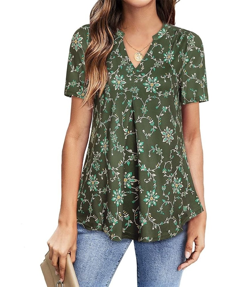 Women's V Neck Blouse Short Sleeve Knit Tops Casual Ladies Work Shirts Floral Green $14.49 Blouses