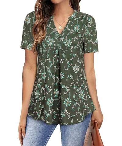 Women's V Neck Blouse Short Sleeve Knit Tops Casual Ladies Work Shirts Floral Green $14.49 Blouses