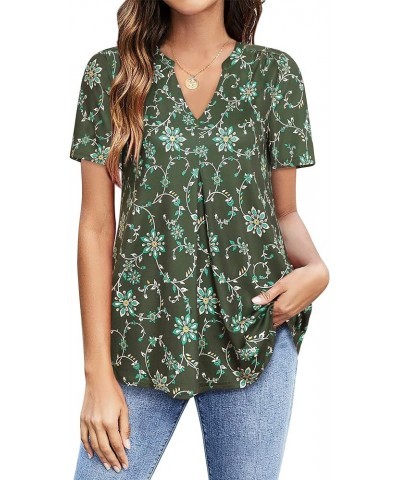 Women's V Neck Blouse Short Sleeve Knit Tops Casual Ladies Work Shirts Floral Green $14.49 Blouses