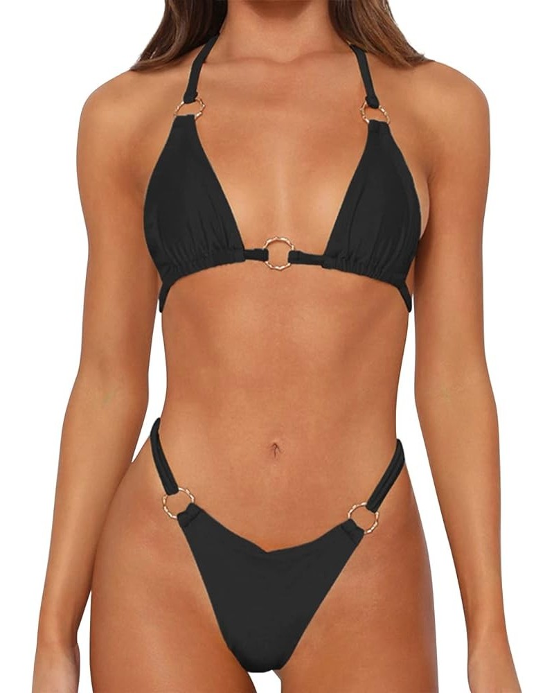 Women's Bikini Sets High Waisted Sexy Bathing Suit Ring Adjustable Triangle Bikini for Women Two Piece Swimsuit Beach Black $...