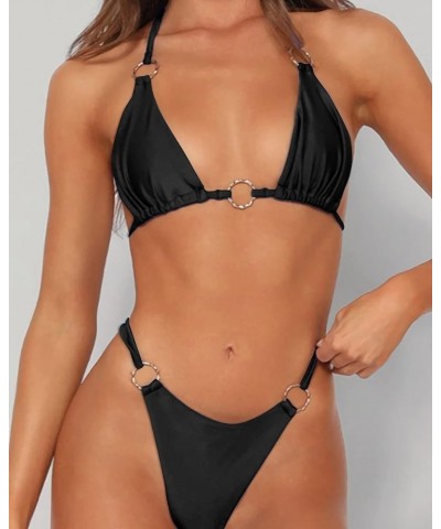 Women's Bikini Sets High Waisted Sexy Bathing Suit Ring Adjustable Triangle Bikini for Women Two Piece Swimsuit Beach Black $...