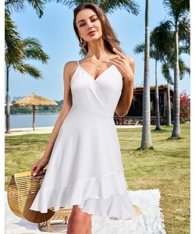 Womens Summer Floral Wrap V Neck Adjustable Spaghetti Casual Ruffle Dress Spaghetti Strap White $17.35 Dresses