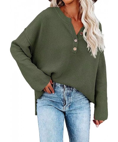 Oversized Sweater for Women Fall Waffle Knit V Neck Long Sleeve Shirts Side Split Henley Lightweight Pullover Sweater Army Gr...