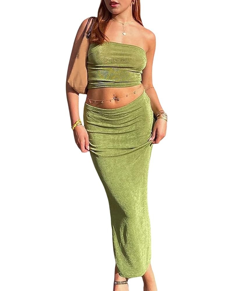 Sexy Women 2 Piece Skirts Set Outfits Maxi Skirts Sleeveless Crop Tank Tops and Long Skirt Party Club Streetwear Solid Green ...