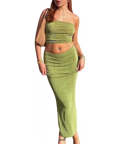 Sexy Women 2 Piece Skirts Set Outfits Maxi Skirts Sleeveless Crop Tank Tops and Long Skirt Party Club Streetwear Solid Green ...