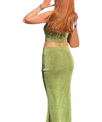 Sexy Women 2 Piece Skirts Set Outfits Maxi Skirts Sleeveless Crop Tank Tops and Long Skirt Party Club Streetwear Solid Green ...