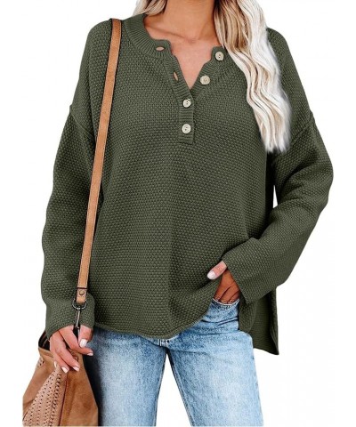 Oversized Sweater for Women Fall Waffle Knit V Neck Long Sleeve Shirts Side Split Henley Lightweight Pullover Sweater Army Gr...