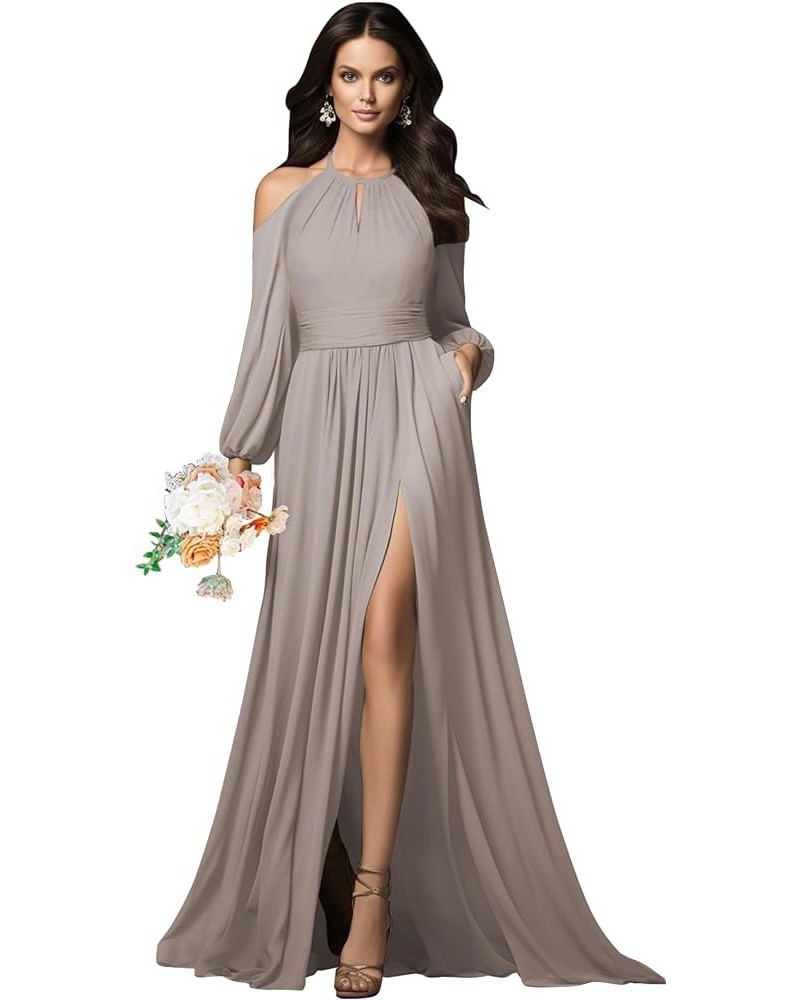 Halter Long Sleeve Bridesmaid Dresses with Slit Pockets Cold Shoulder Pleated Chiffon Formal Prom Dress Evening Gown Taupe $3...