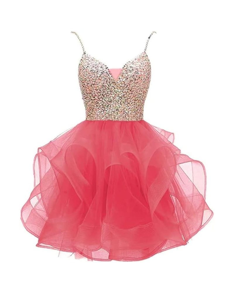 Homecoming Dresses Beaded Short Prom Dress Tulle Cocktail Party Ball Gowns Spaghetti Strap Homecoming Dress for Teens Rose $1...