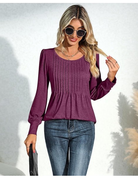 Women's Puff Short Sleeve Tunic Tops Pleated Crew Neck Blouses Dressy Casual Loose Spring and Summer T-Shirts Long Sleeve Fuc...