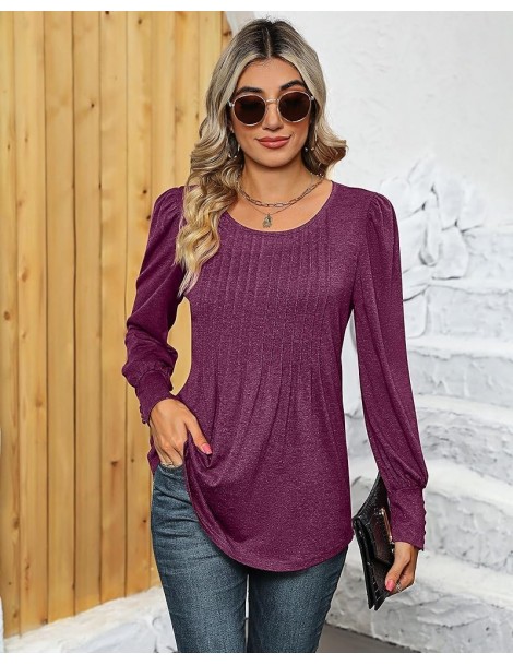 Women's Puff Short Sleeve Tunic Tops Pleated Crew Neck Blouses Dressy Casual Loose Spring and Summer T-Shirts Long Sleeve Fuc...